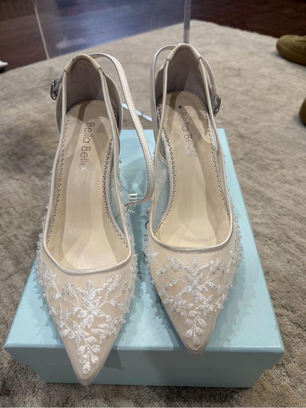 Bella Belle Easton Ivory Floral Beaded Lace Block Heels with Tulle Bows